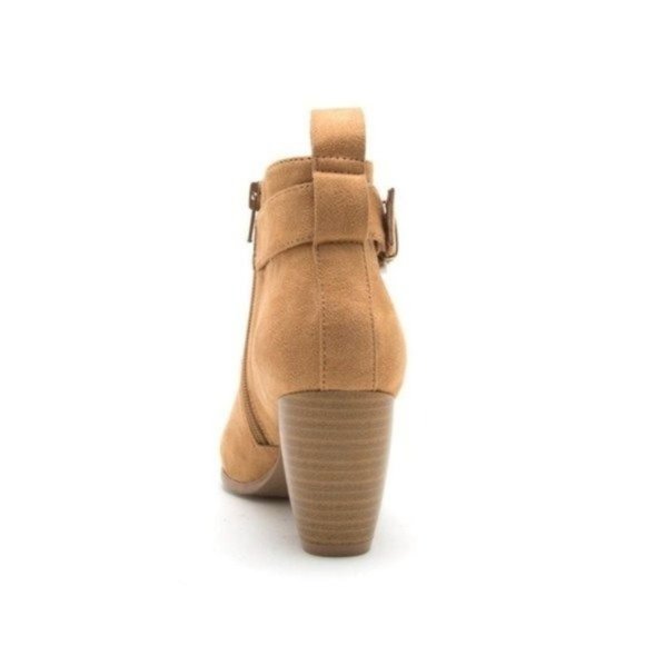 Tan buckle suede block heel ankle bootie - Picture 5 of 6